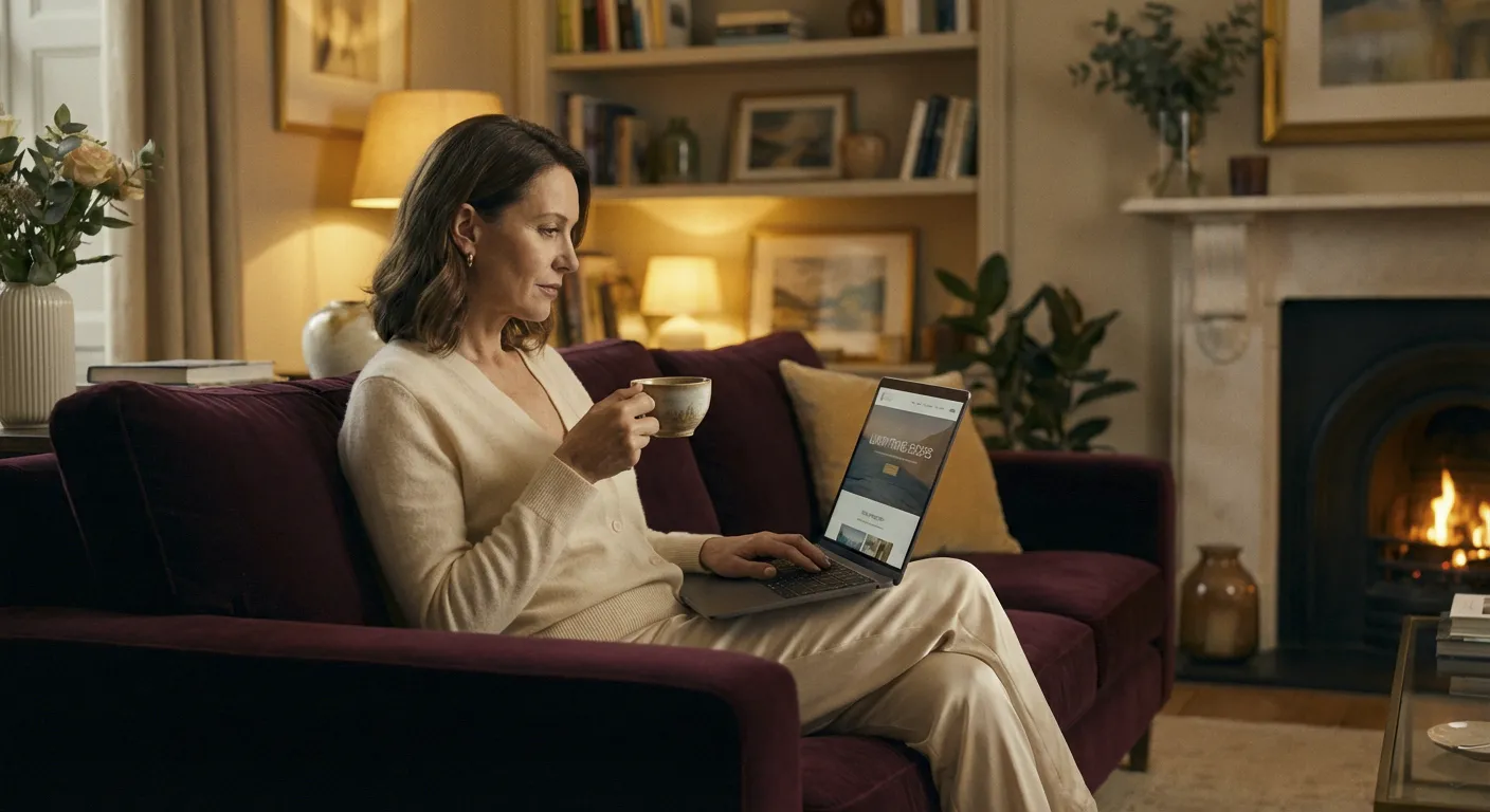 Ordinateur et carnet de notes illustrant la recherche et la vérification de promotions pour un séjour romantique