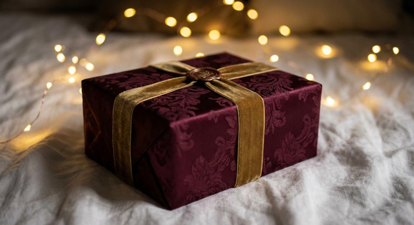 Boîte cadeau de Noël luxueuse bordeaux et or posée sur un lit dans une ambiance romantique et tamisée, illustrant des idées cadeaux pour couple.