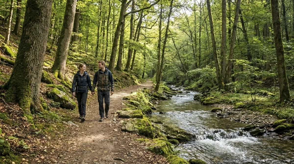 Couple marchant le long du Ninglinspo lors d’une balade nature en Ardenne belge