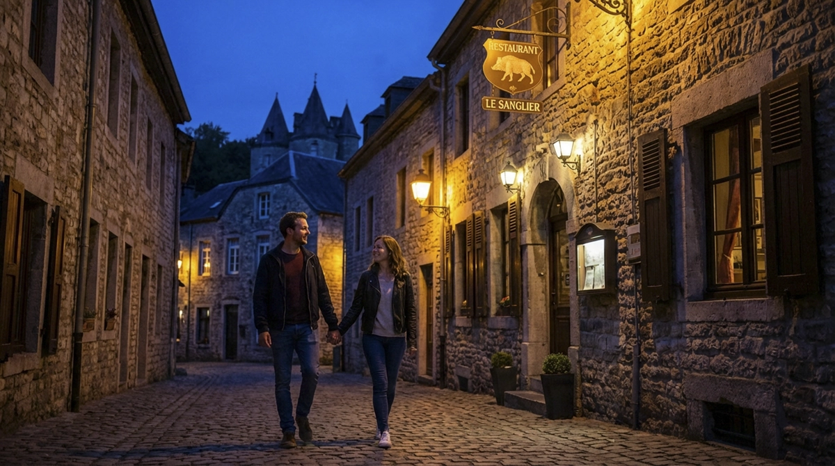 Couple se promenant dans une rue pavée de Durbuy lors d’un week-end en amoureux