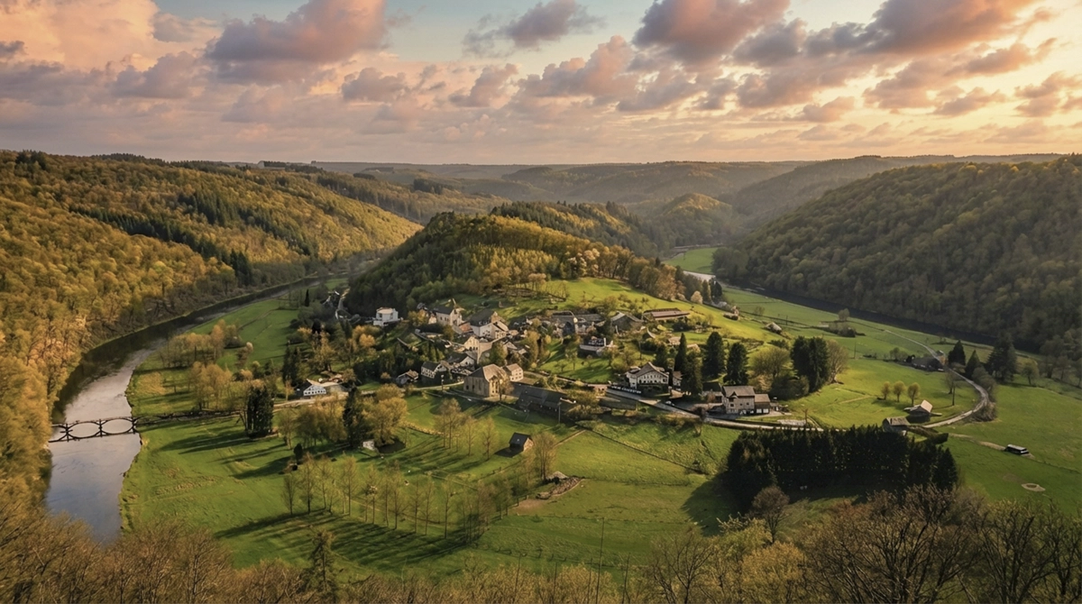 Vue panoramique sur le village de Frahan et la Semois depuis Rochehaut, au cœur de l’Ardenne belge