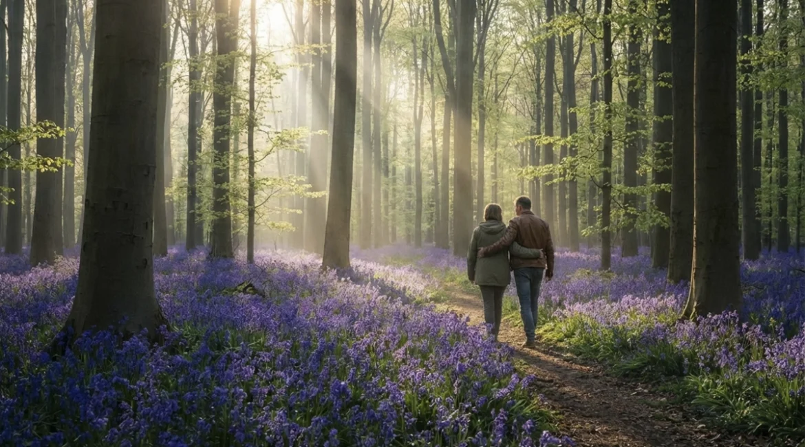 Couple se promenant dans le Hallerbos au printemps, balade romantique au milieu des jacinthes sauvages en forêt de Halle