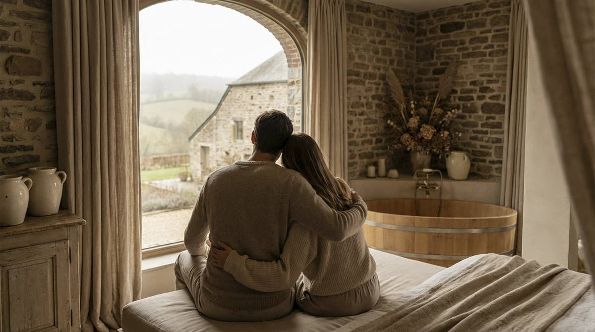 Couple profitant d’un hébergement romantique en Belgique, dans une chambre cosy avec vue sur la nature, pour un week-end en amoureux