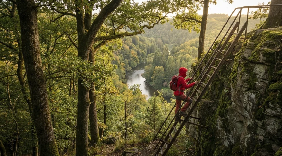 Promeneur gravissant une échelle métallique sur la promenade des Échelles à Rochehaut, avec vue sur la vallée de la Semois en Ardenne